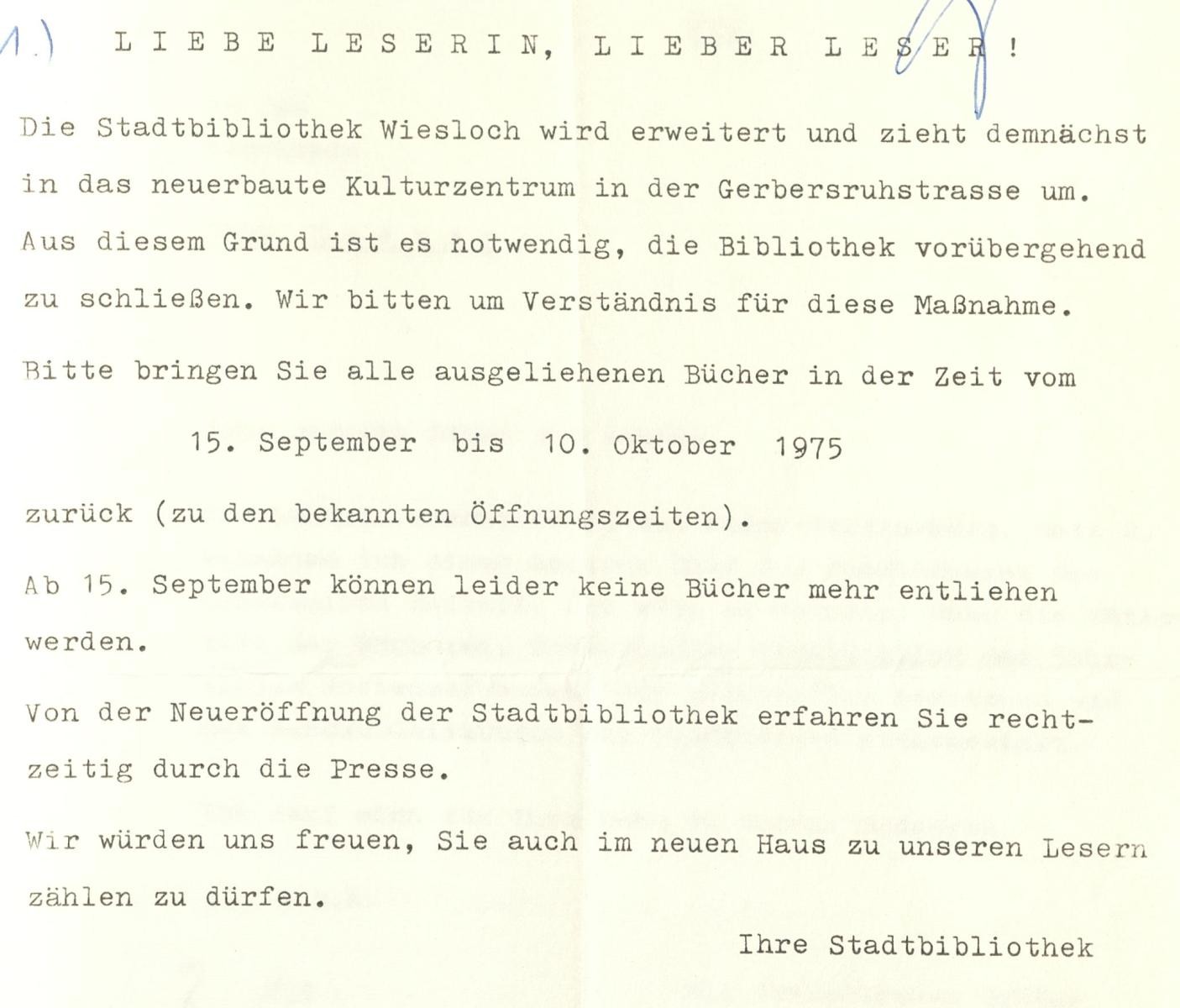 Aushang über den bevorstehenden Umzug und Bitte um zeitnahe Rückgabe aller Bücher.