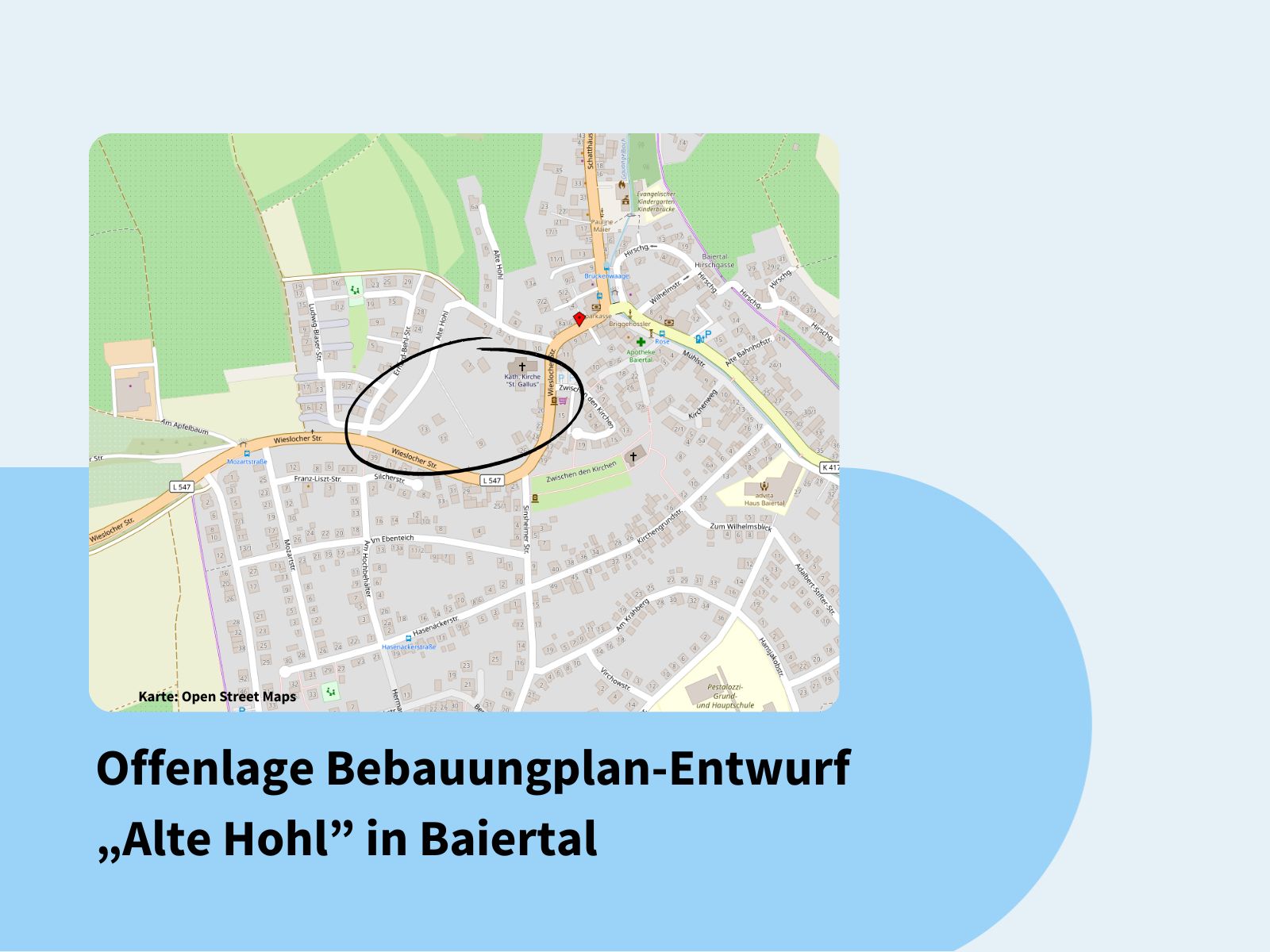 Übersichtsplan mit Verortung des Plangebiets in Baiertal, westlich der katholischen Kirche.