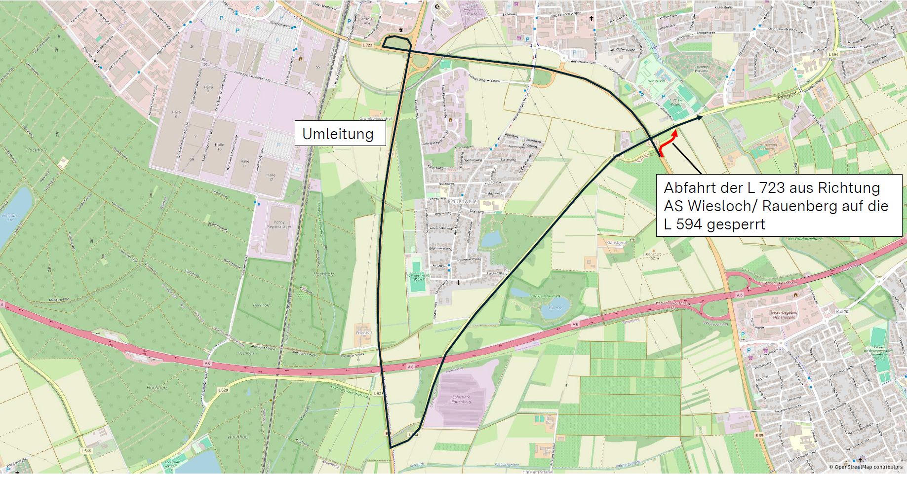 Kartenausschnitt mit eingezeichneter Umleitungsstrecke, rund um Frauenweiler.