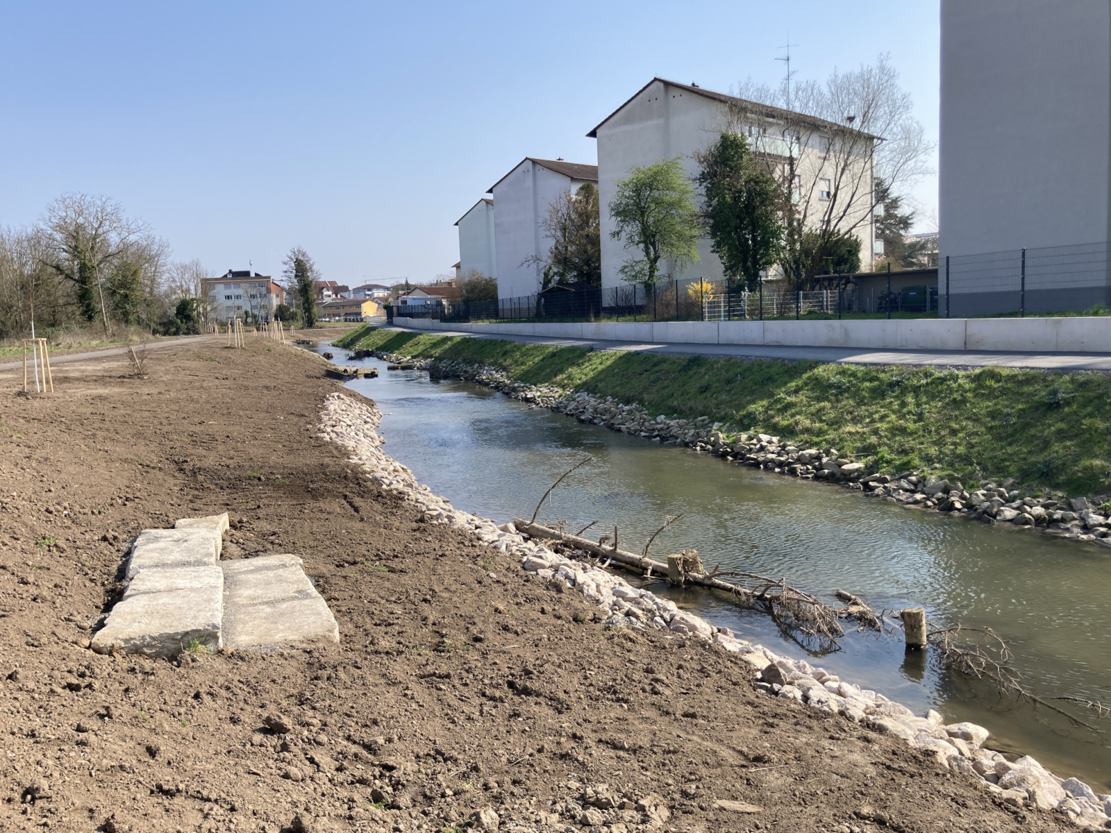 Neu modulierter Bachlauf, mit Totholz und Sitzstufen.