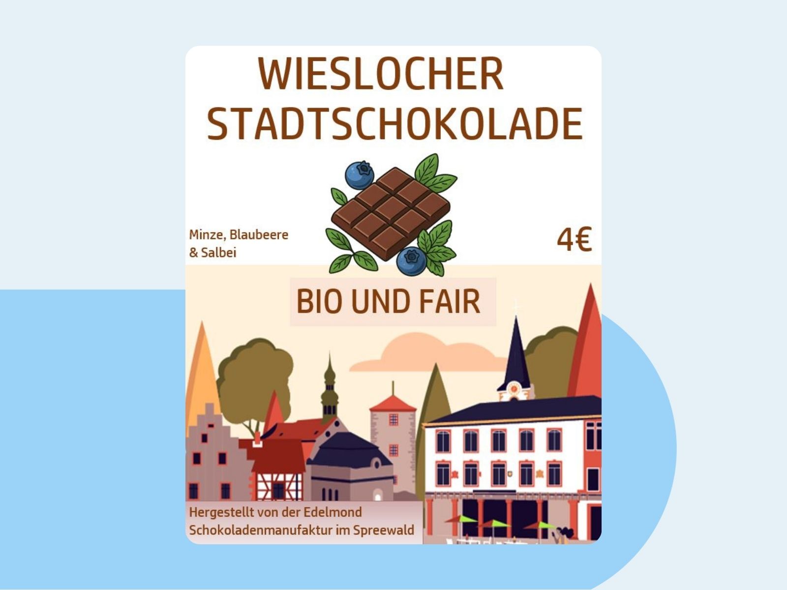 Werbeplakat für die neue Wieslocher Stadtschokolade mit Silhouetten einiger Wieslocher Gebäude. 