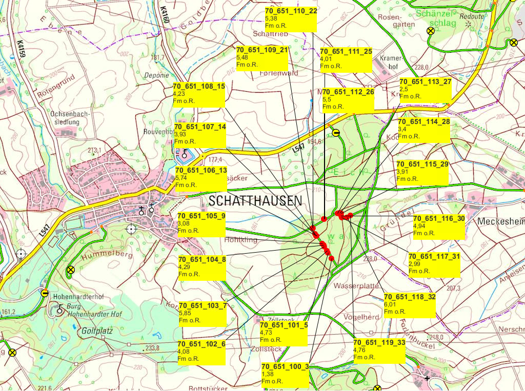 Übersichtskarte mit Holzpolter mit Lagerort, Polternummer und jeweiliger Menge.