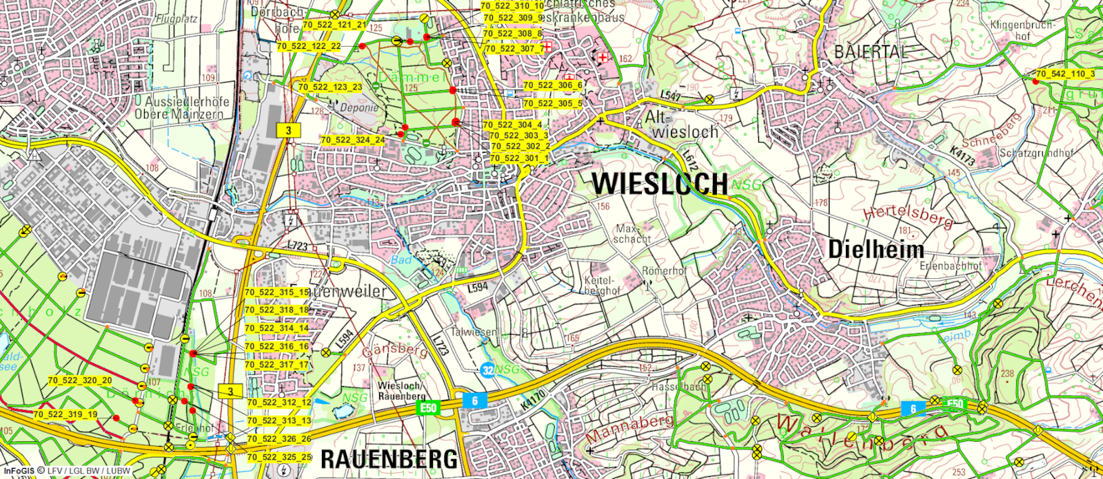 Übersichtskarte mit eingezeichneten Polter-Nummern und Lagerorten.